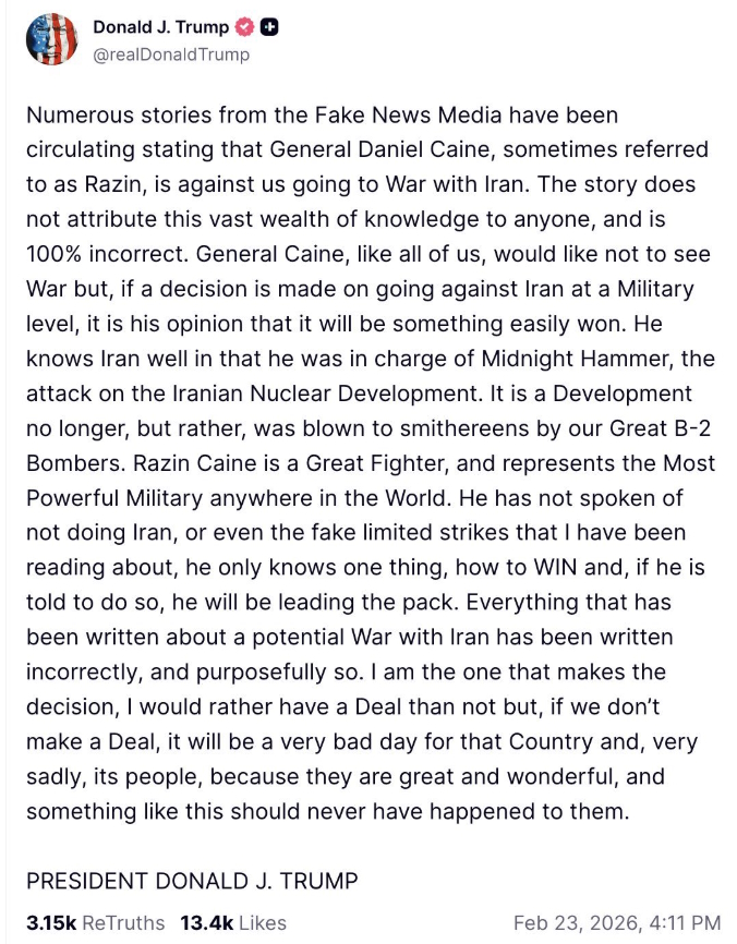 Τραμπ στο Truth Social για τον αρχηγό των αμερικανικών ενόπλων δυνάμεων σχετικά με πόλεμο στο Ιράν