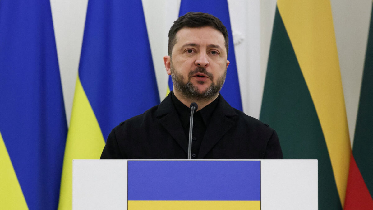FILE PHOTO: Ukrainian President Volodymyr Zelenskiy attends a press conference with Lithuanian President Gitanas Nauseda and Polish President Karol Nawrocki at the Presidential Palace in Vilnius, Lithuania, January 25, 2026. REUTERS/Kuba Stezycki/File Photo/File Photo
