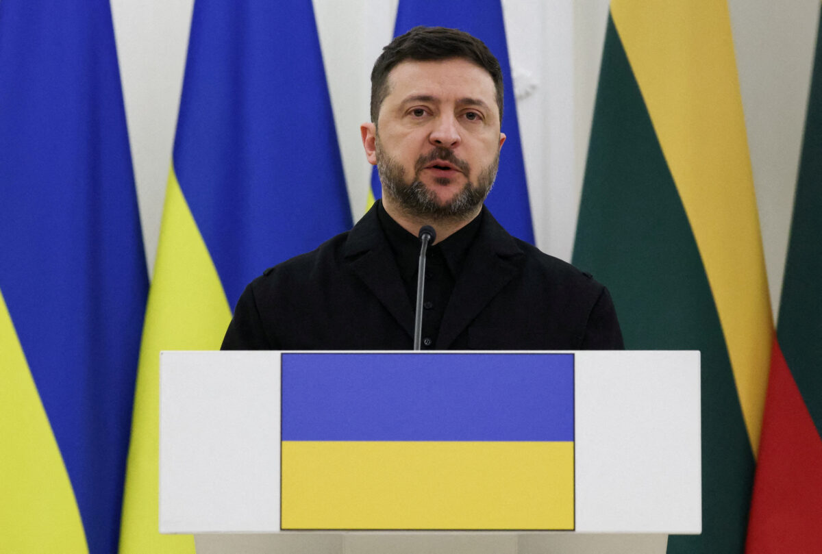 FILE PHOTO: Ukrainian President Volodymyr Zelenskiy attends a press conference with Lithuanian President Gitanas Nauseda and Polish President Karol Nawrocki at the Presidential Palace in Vilnius, Lithuania, January 25, 2026. REUTERS/Kuba Stezycki/File Photo/File Photo