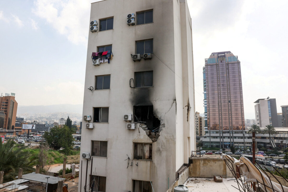 Aftermath of a Israeli drone strike on a residential apartment in Bourj Hammoud A damaged building after an Israeli drone struck a residential apartment in Bourj Hammoud, in the northern outskirts of Beirut, following an escalation between Hezbollah and Israel amid the U.S.-Israeli conflict with Iran, Lebanon, March 13, 2026. REUTERS/Mohamed Azakir
