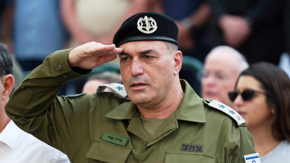 IDF chief of staff Eyal Zamir salutes during the funeral of Hadar Goldin an Israeli soldier killed in Gaza in 2014 and whose body had been held there until it was released Sunday, in Kfar Saba, Israel, Tuesday, Nov. 11, 2025. (Abir Sultan/Pool via AP)