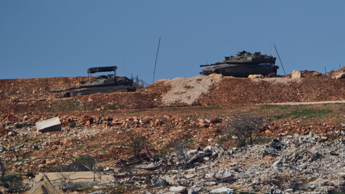Israeli tanks maneuver near the Israel-Lebanon border, as seen from northern Israel, Monday, March 2, 2026. (AP Photo/Ariel Schalit)