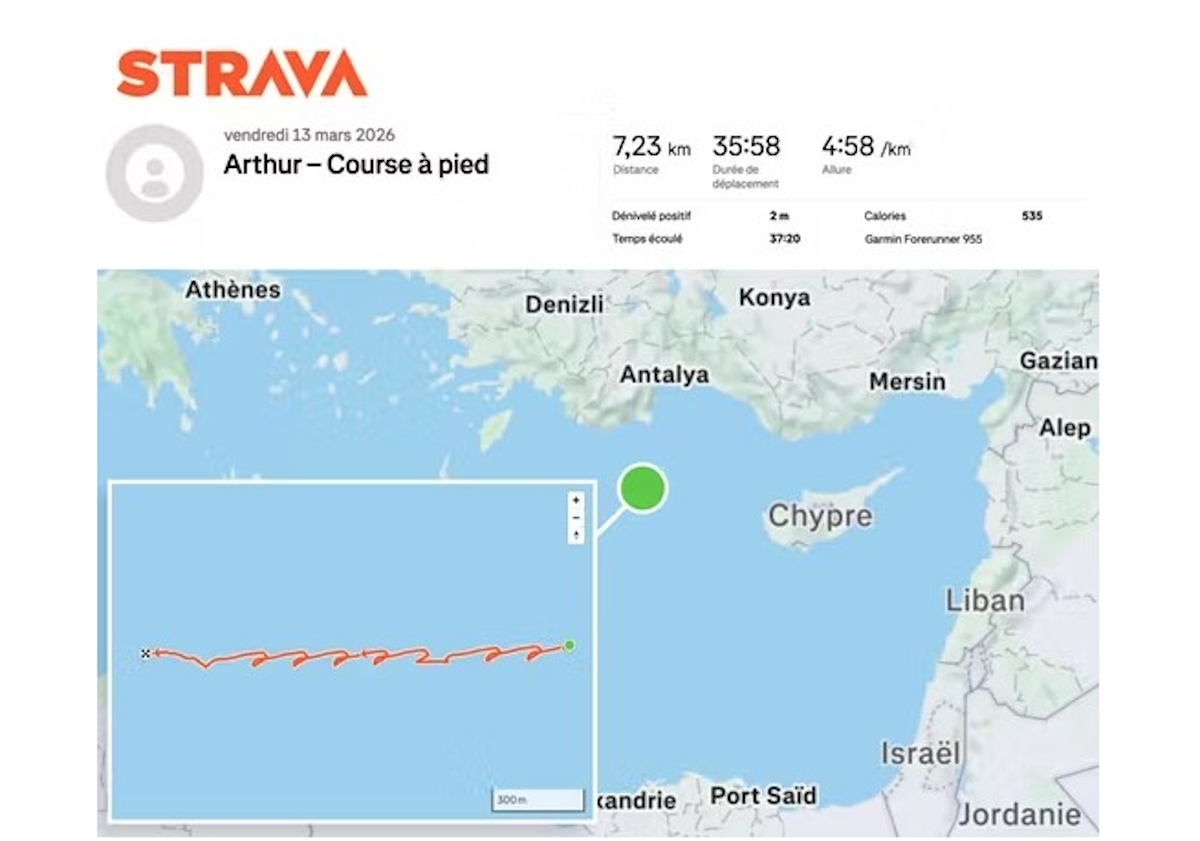 Η θέση του γαλλικού αεροπλανοφόρου «Σαρλ Ντε Γκολ» όπως καταγράφεται από την ηλεκτρονική εφαρμογή Strava