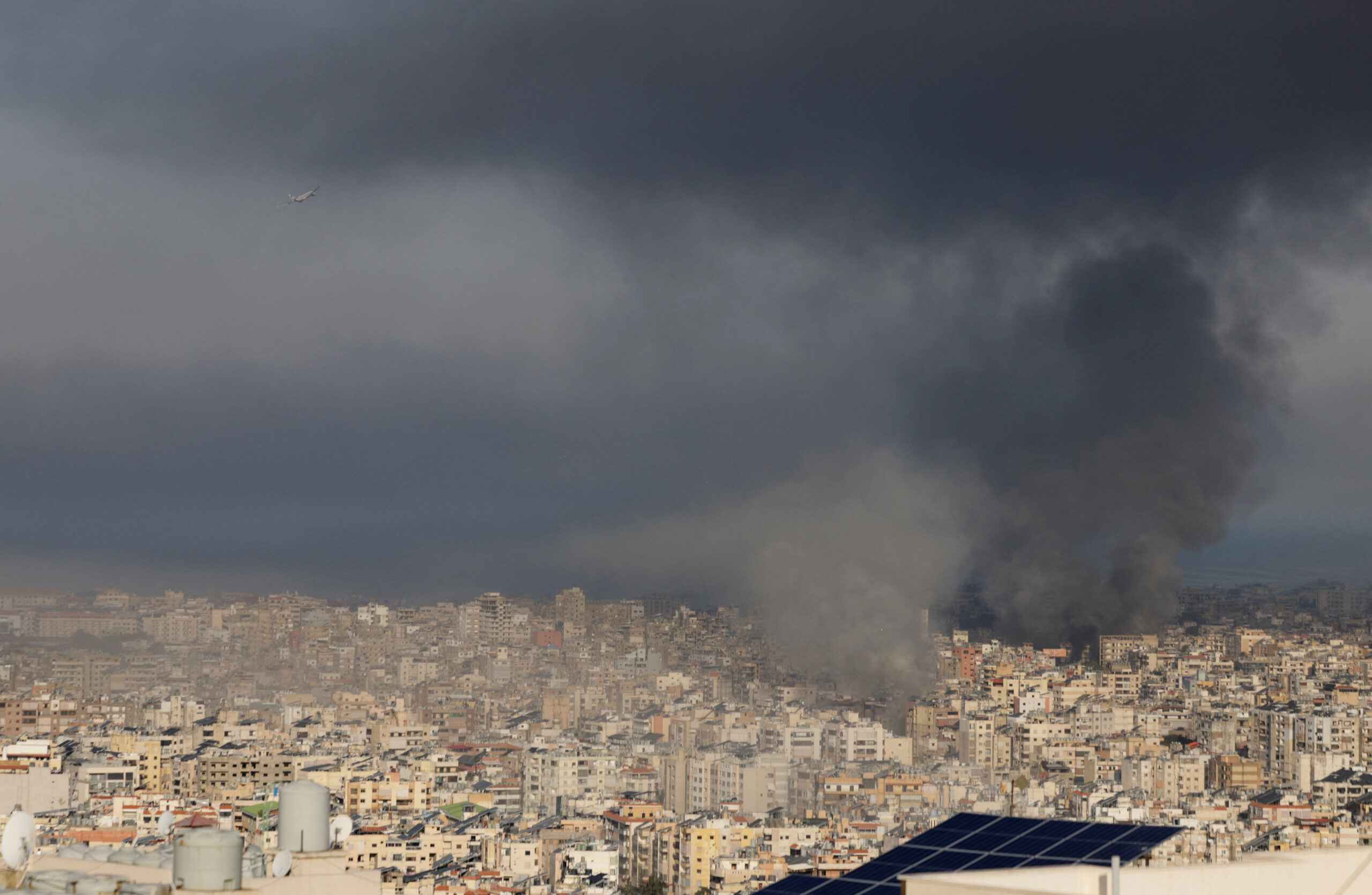 Escalation between Hezbollah and Israel, amid the U.S.-Israeli conflict with Iran, in Beirut An aircraft maneuvers in the sky as smoke rises after an Israeli strike on Beirut's southern suburbs, following an escalation between Hezbollah and Israel amid the U.S.-Israeli conflict with Iran, Lebanon, March 3, 2026. REUTERS/Khalil Ashawi