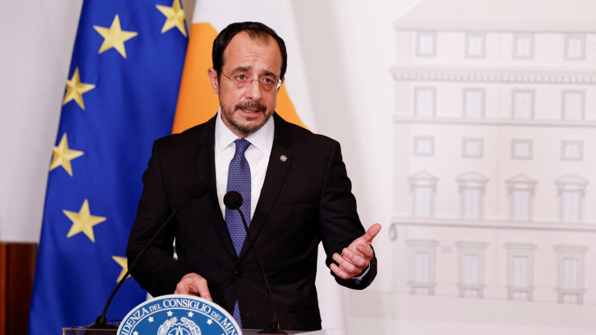 President of Cyprus Nikos Christodoulides speaks during a joint statement with Italian Prime Minister Giorgia Meloni, at Chigi Palace, in Rome, Italy, February 26, 2026. REUTERS/Remo Casilli