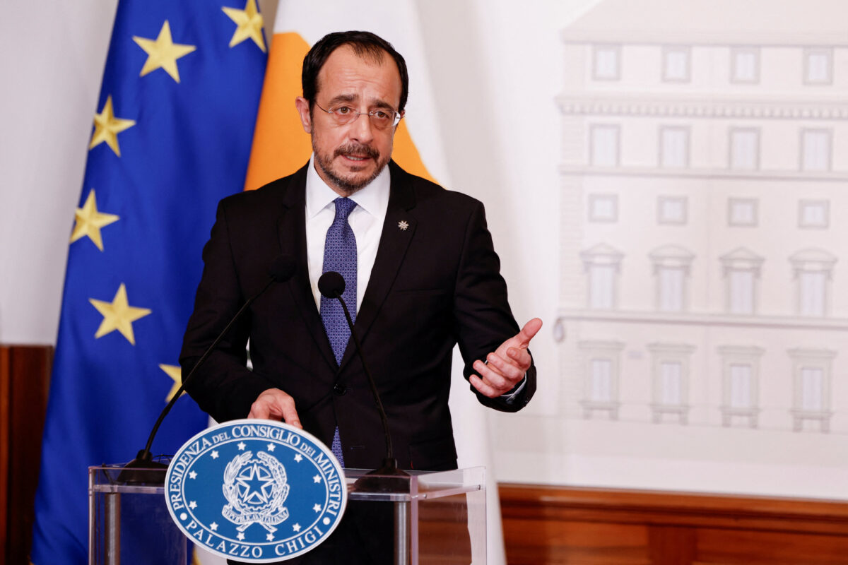 President of Cyprus Nikos Christodoulides speaks during a joint statement with Italian Prime Minister Giorgia Meloni, at Chigi Palace, in Rome, Italy, February 26, 2026. REUTERS/Remo Casilli