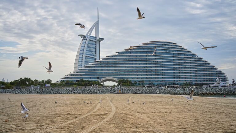 Seagulls fly over the beach with the Burj Al Arab and Jumeirah Marsa Al Arab hotels in the background in Dubai, United Arab Emirates, Thursday, March 12, 2026. (AP Photo/ Fatima Shbair)