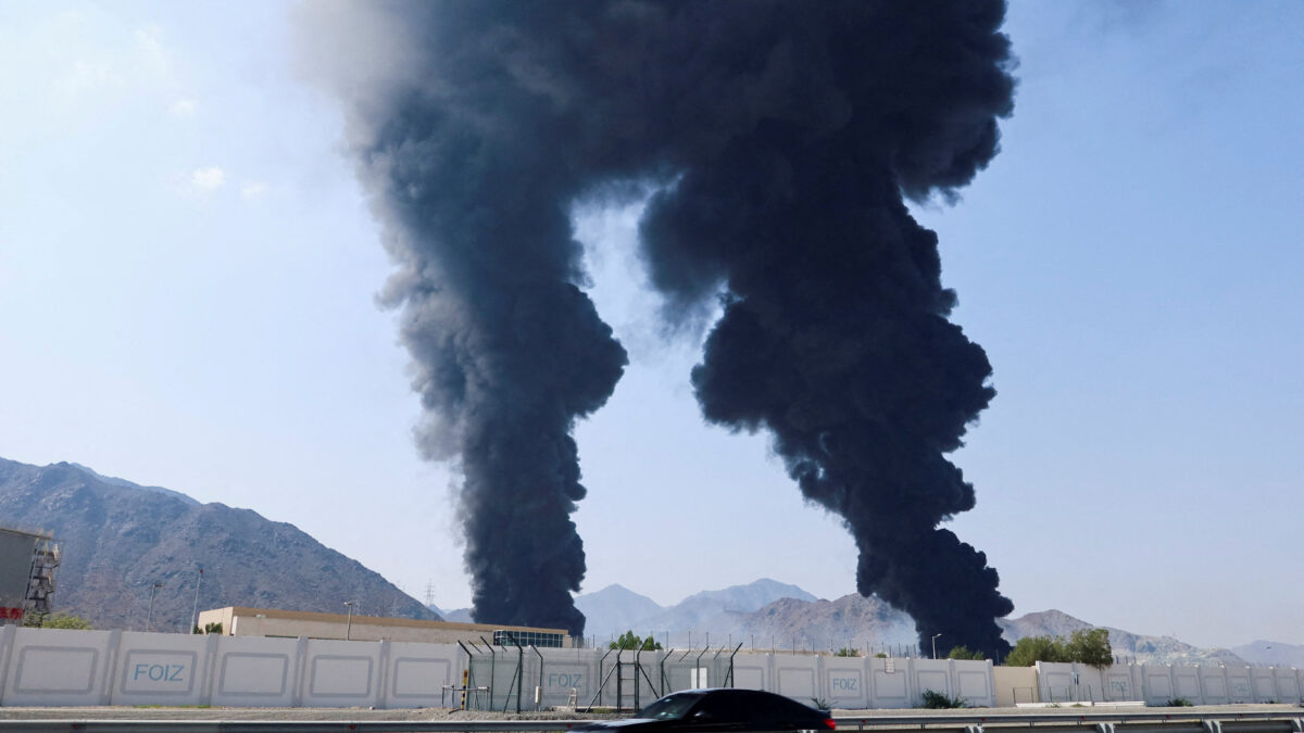 FILE PHOTO: Smoke rises in the Fujairah oil industry zone, caused by debris after interception of a drone by air defenses, according to the Fujairah media office, amid the U.S.-Israel conflict with Iran, in Fujairah, United Arab Emirates, March 14, 2026. REUTERS/Staff/File Photo