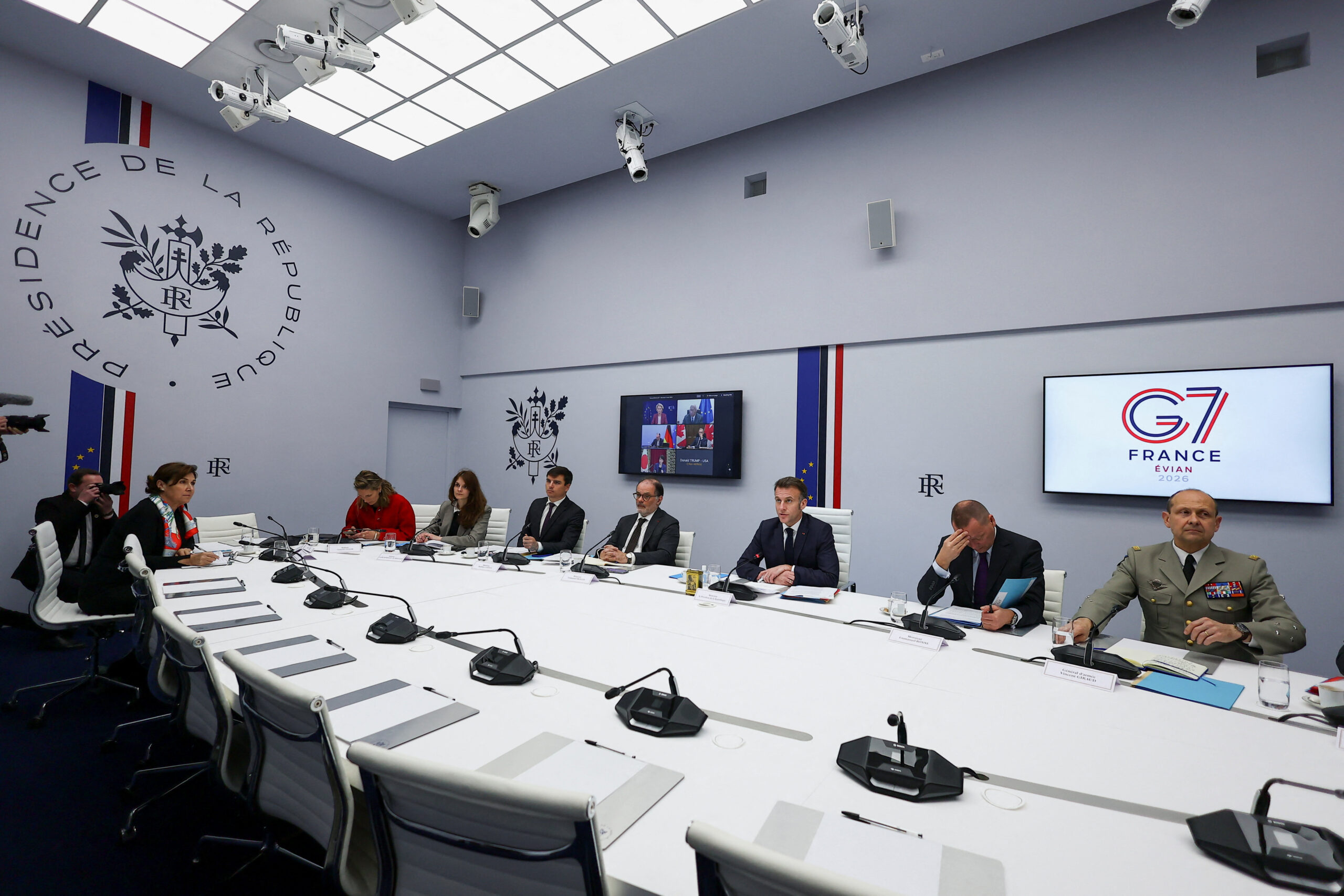 French President Emmanuel Macron chairs a video conference of G7 leaders to discuss the fallout of the war in Iran on the world economy, amid the U.S.-Israeli conflict with Iran, at the Elysee Palace in Paris, France, March 11, 2026. REUTERS/Gonzalo Fuentes/Pool