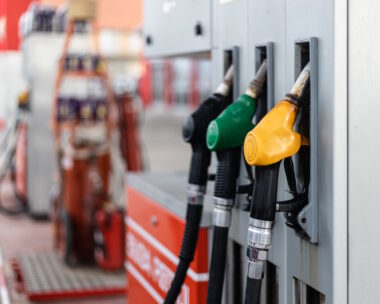 Details from gas station. Gasoline pistols close up shot.