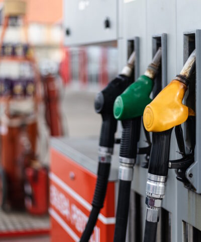 Details from gas station. Gasoline pistols close up shot.