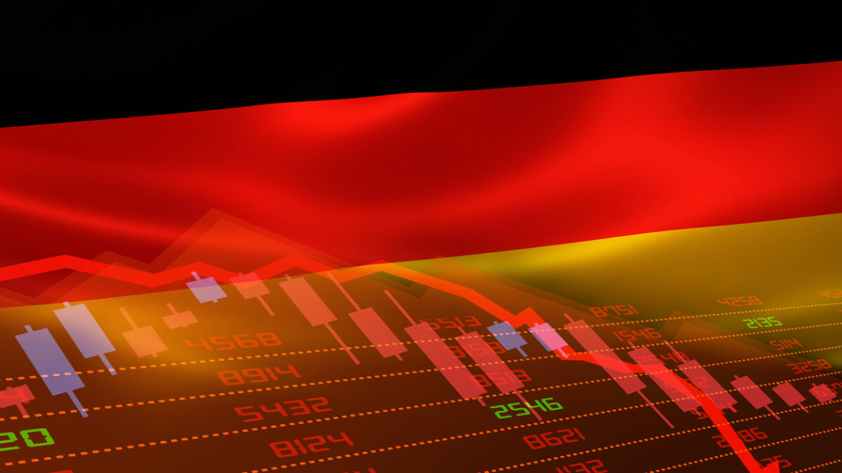 Germany economic downturn with stock exchange market showing stock chart down and in red negative territory. Business and financial money market crisis concept.
