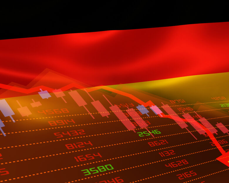 Germany economic downturn with stock exchange market showing stock chart down and in red negative territory. Business and financial money market crisis concept.