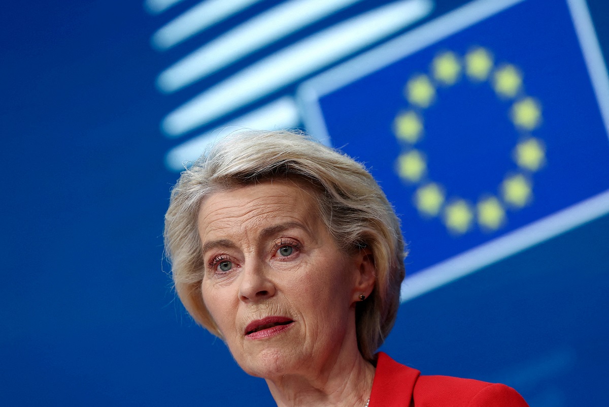 FILE PHOTO: European Commission President Ursula von der Leyen attends a press conference on the day of the European Union leaders summit in Brussels, Belgium June 26, 2025. REUTERS/Yves Herman//File Photo