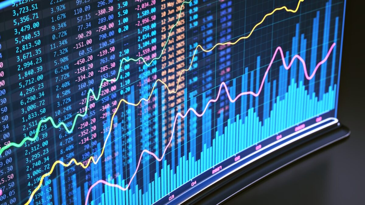 Futuristic display screen with a bar graph and colorful spreadsheet financial data