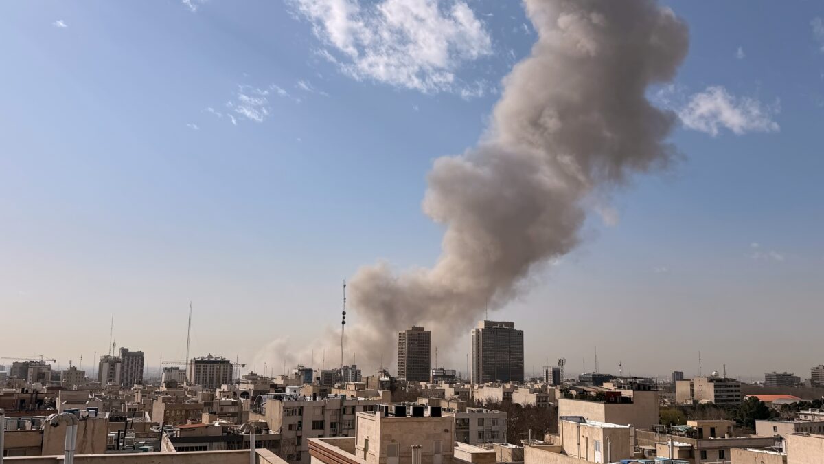 Smoke rises on the skyline after an explosion in Tehran, Iran, Saturday, Feb. 28, 2026.(AP Photo)