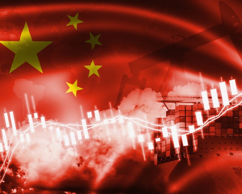 Peoples Republic of China flag, stock market, exchange economy and Trade, oil production, container ship in export and import business and logistics.