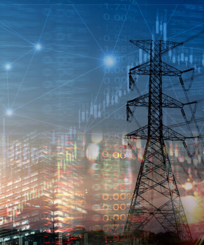 market stock graph and index information with city light and electricity and energy facility industry and business background