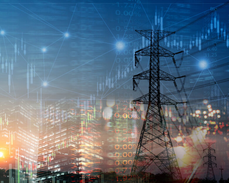 market stock graph and index information with city light and electricity and energy facility industry and business background