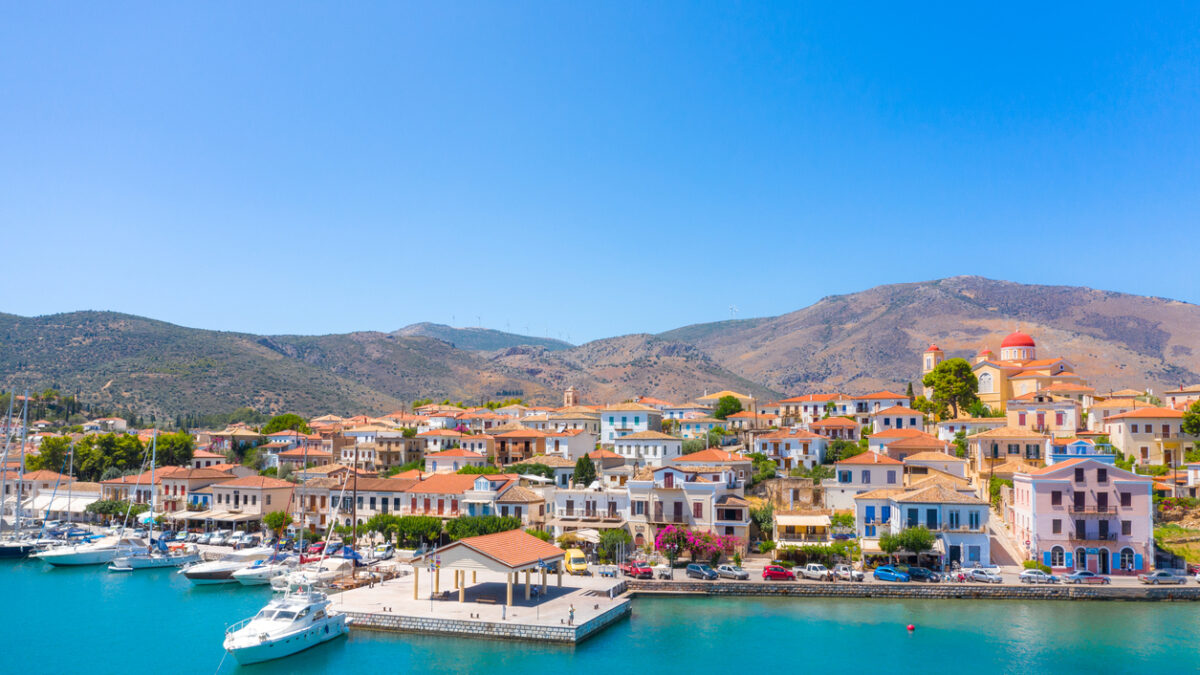 Scenic aerial view of Galaxidi village with colorful buildings, Greece