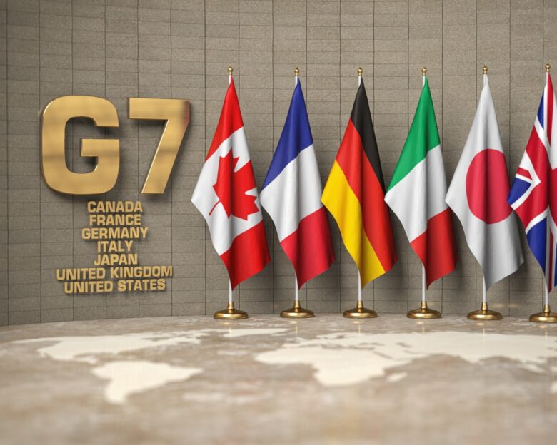 G7 flags of members of G7 group of seven and list of countries, 3d illustration