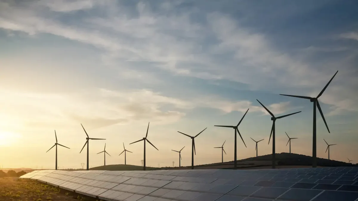 Solar panels and wind turbines generating renewable energy for green and sustainable future.