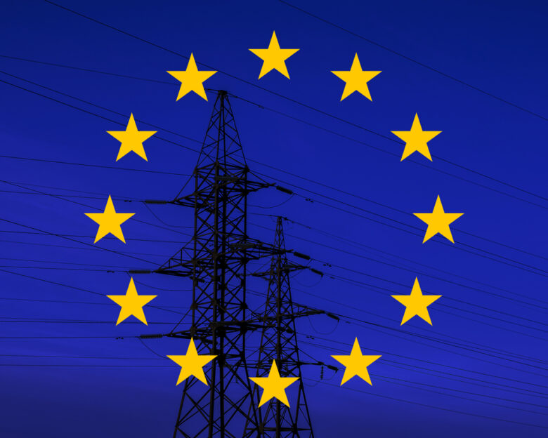 EU flag with electric tower and lines.