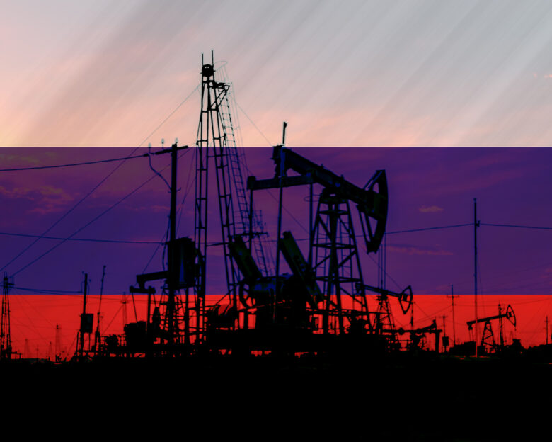Sanctions on Russian crude oil and gas banSanctions on Russian crude oil and gas ban, oil fields with Russian flag in the background