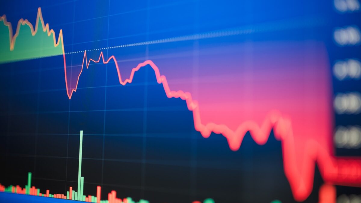 Economic 2024 stock exchange market index showing stock chart down and in red negative territory