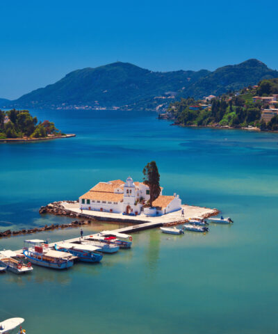 The Vlacherna Monastery and Mouse island (Pontikonisi) Corfu, Greece