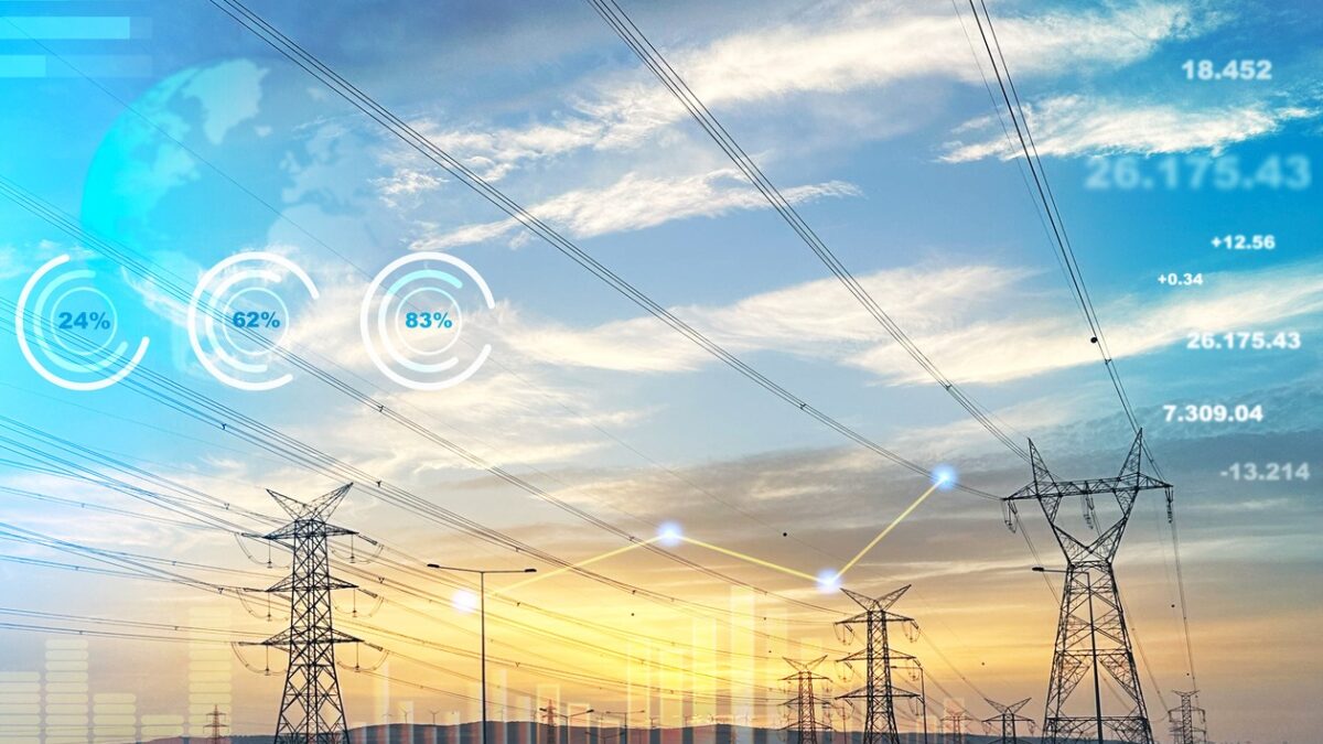 Global energy crisis concept. Energy prices rising. High voltage electric power lines with dramatic sky background. Analyzing data of power and energy prices. Financial and economic growth in energy costs