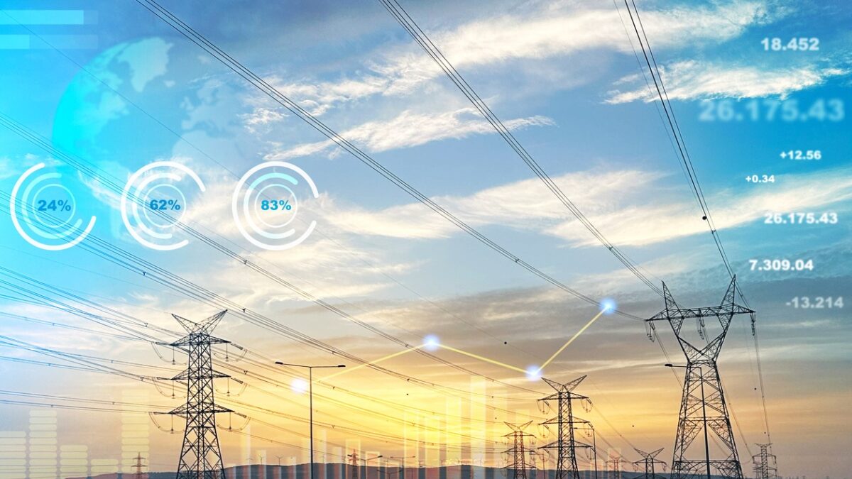 Global energy crisis concept. Energy prices rising. High voltage electric power lines with dramatic sky background. Analyzing data of power and energy prices. Financial and economic growth in energy costs