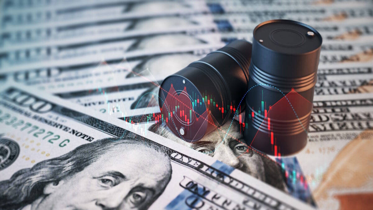 3d render Black Oil Barrels and Financial Charts on Stack of $100 Bills, Oil and Finance Concept (Depth Of Field)