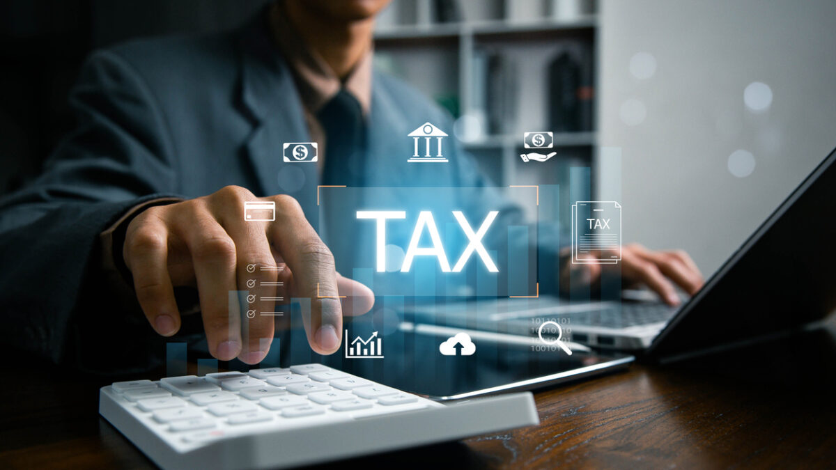 Digital Tax Calculation and Management Concept. E-tax, Income tax, government taxes, financial research, Taxation, tax documents, and savings, report VAT and property tax of business.