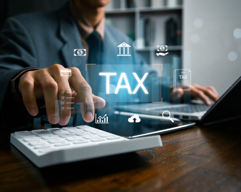 Digital Tax Calculation and Management Concept. E-tax, Income tax, government taxes, financial research, Taxation, tax documents, and savings, report VAT and property tax of business.