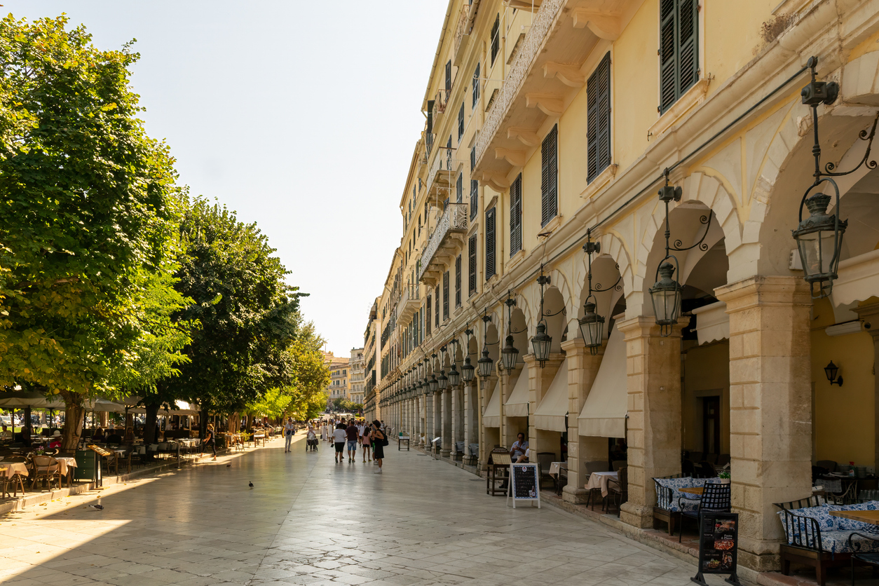 03 August 2025, Corfu Greece. Liston famous square with tourists and local people.