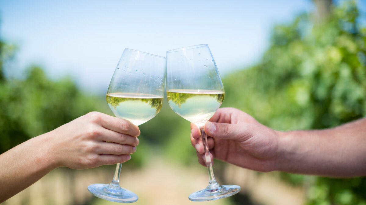 Cropped hands of couple toasting wineglasses at vineyard