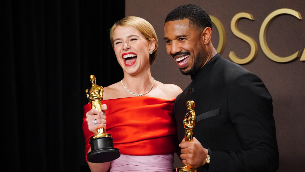 Jessie Buckley, left, winner of the award for best actress in a leading role for "Hamnet," and Michael B. Jordan, winner of the award for best actor in a leading role for "Sinners," pose in the press room at the Oscars on Sunday, March 15, 2026, at the Dolby Theatre in Los Angeles. (Photo by Jordan Strauss/Invision/AP)