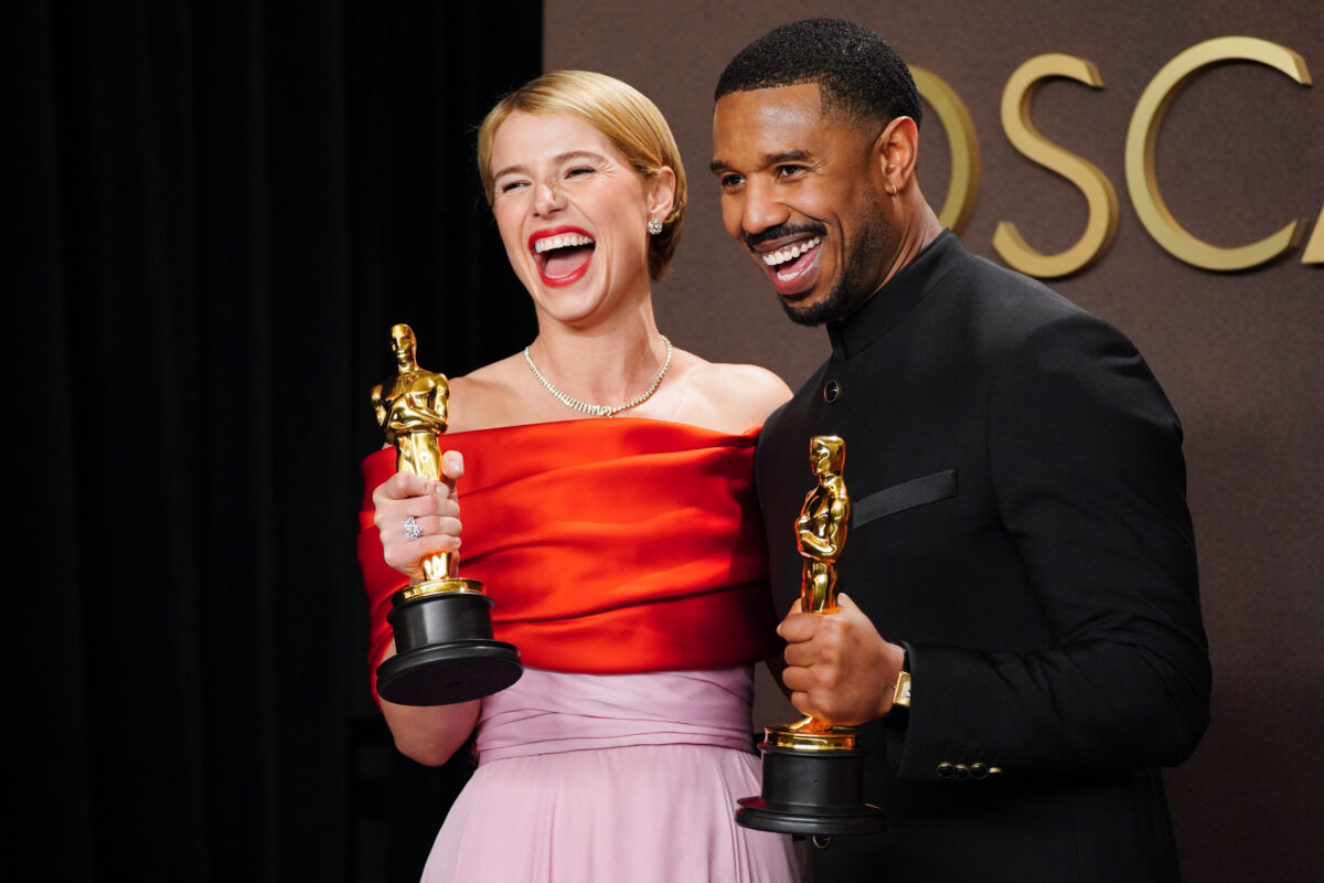 Jessie Buckley, left, winner of the award for best actress in a leading role for "Hamnet," and Michael B. Jordan, winner of the award for best actor in a leading role for "Sinners," pose in the press room at the Oscars on Sunday, March 15, 2026, at the Dolby Theatre in Los Angeles. (Photo by Jordan Strauss/Invision/AP)