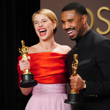 Jessie Buckley, left, winner of the award for best actress in a leading role for "Hamnet," and Michael B. Jordan, winner of the award for best actor in a leading role for "Sinners," pose in the press room at the Oscars on Sunday, March 15, 2026, at the Dolby Theatre in Los Angeles. (Photo by Jordan Strauss/Invision/AP)