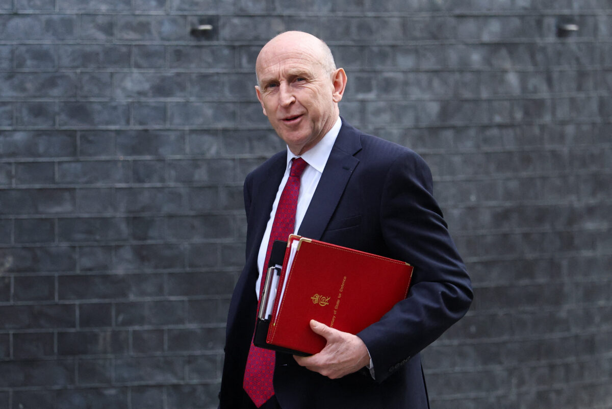 British Defence Secretary John Healey walks outside of Downing Street, in London, Britain, March 3, 2026. REUTERS/Toby Melville