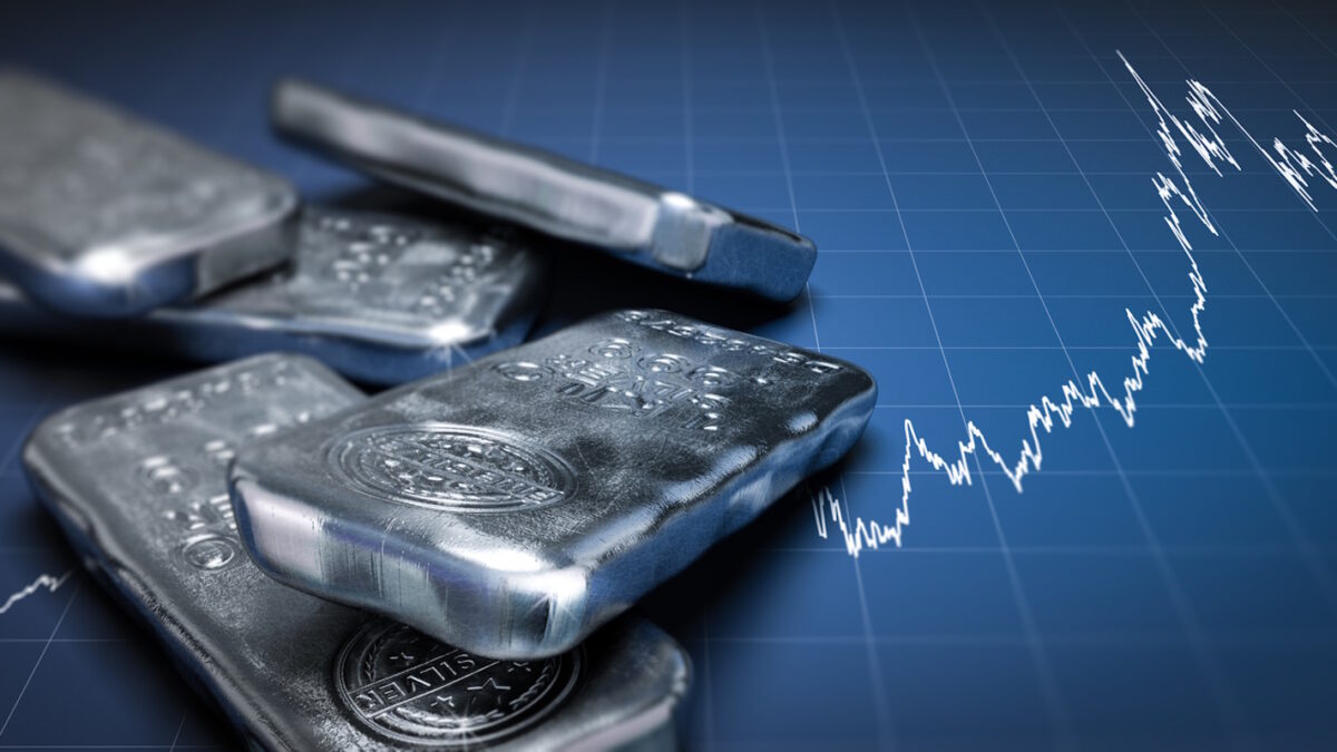 3D illustration of silver bullion bars over a blue background with growing chart. Commodities investment concept, horizontal image.