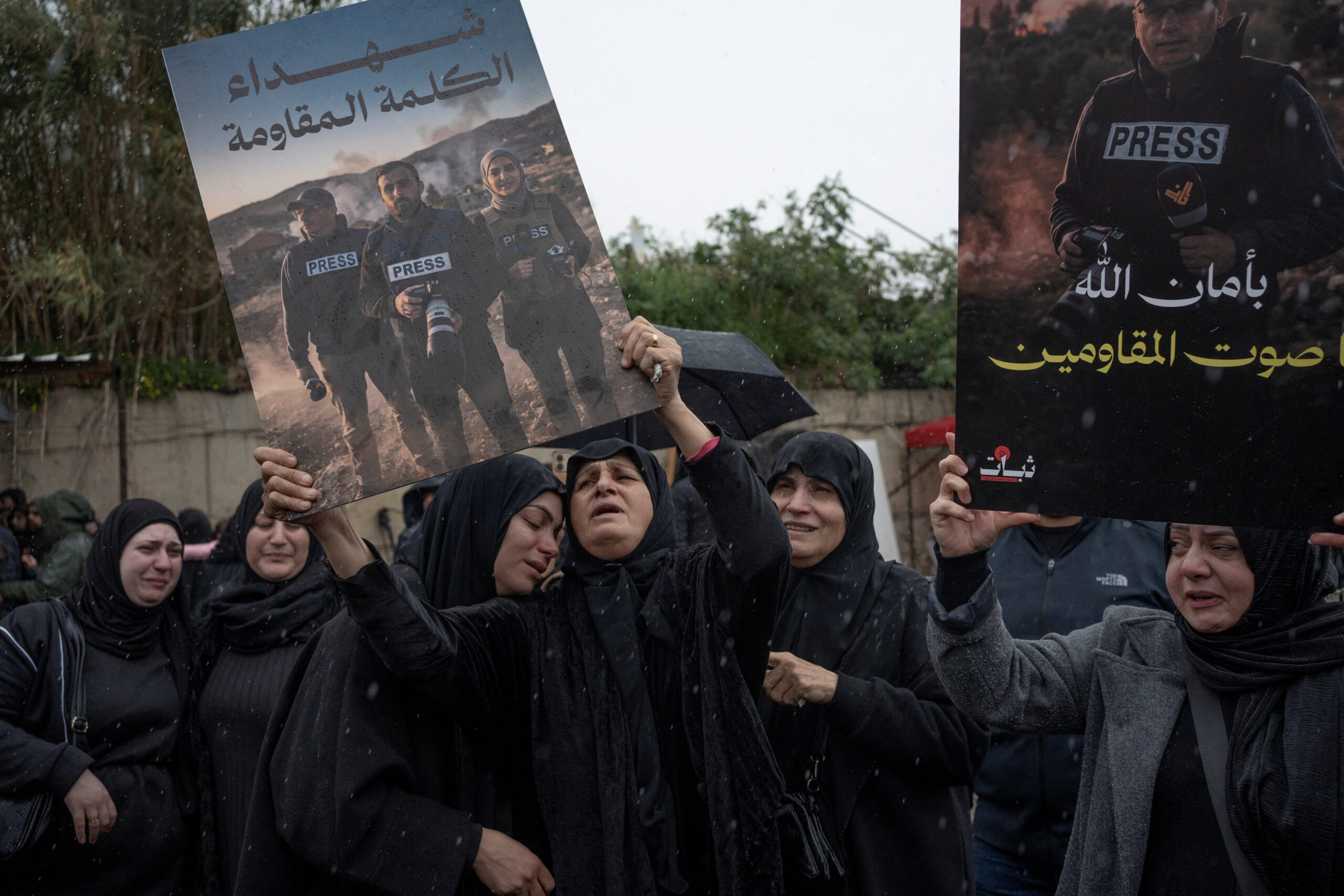 Funeral of three Lebanese journalists, killed by a targeted Israeli strike, in Choueifat Women mourn during the funeral of Lebanese journalists, Al Manar reporter Ali Shaib, Al Mayadeen reporter Fatima Ftouni and cameraman Mohammed Ftouni, who were killed by a targeted Israeli strike, amid escalating hostilities between Israel and Hezbollah, as the U.S.-Israeli conflict with Iran continues, in Choueifat, Lebanon, March 29, 2026. REUTERS/Manu Brabo