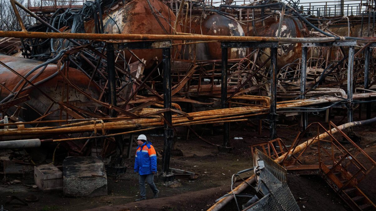 Victor, a Naftogaz worker, walks in front of a Naftogaz gas extraction facility destroyed by a Russian strike in Ukraine, on Tuesday, Nov. 18, 2025. (AP Photo/Evgeniy Maloletka)