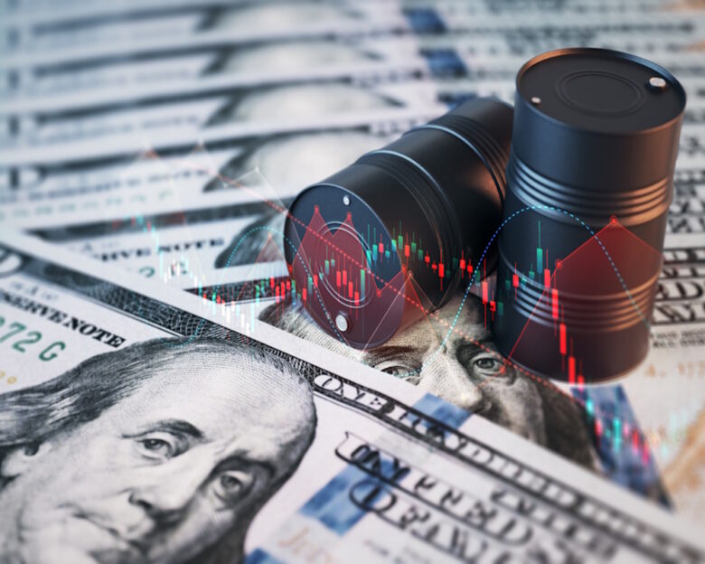 3d render Black Oil Barrels and Financial Charts on Stack of $100 Bills, Oil and Finance Concept (Depth Of Field)