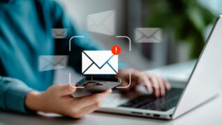 Women using smartphones check email notifications inbox have spam viruses message with warning caution, junk and trash mail, security terms cybersecurity concept