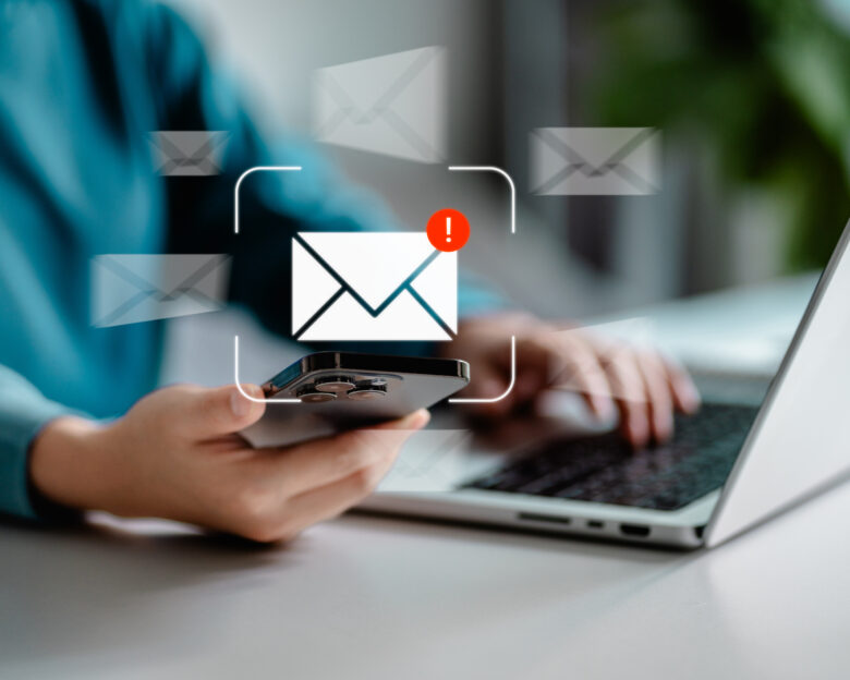 Women using smartphones check email notifications inbox have spam viruses message with warning caution, junk and trash mail, security terms cybersecurity concept