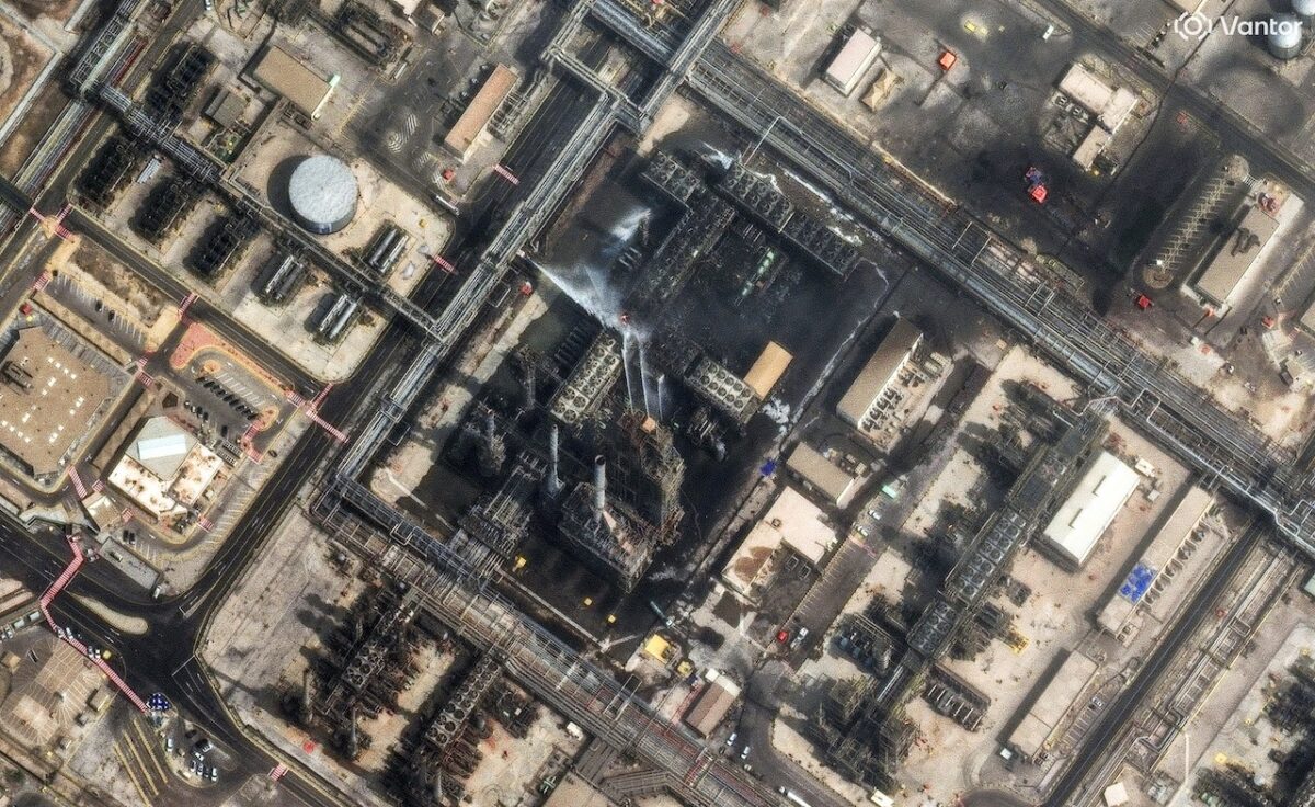 A satellite image shows efforts to control a fire in the Ras Tanura oil refinery in Saudi Arabia after a drone attack, amid the U.S.-Israel conflict with Iran, in Ras Tanura, Saudi Arabia March 2, 2026. Vantor/Handout via REUTERS
