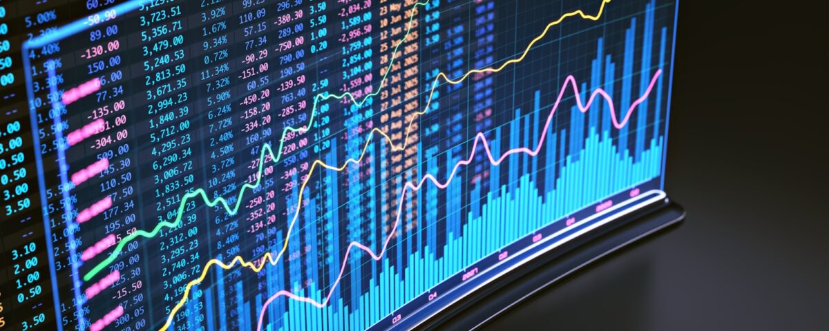 Futuristic display screen with a bar graph and colorful spreadsheet financial data