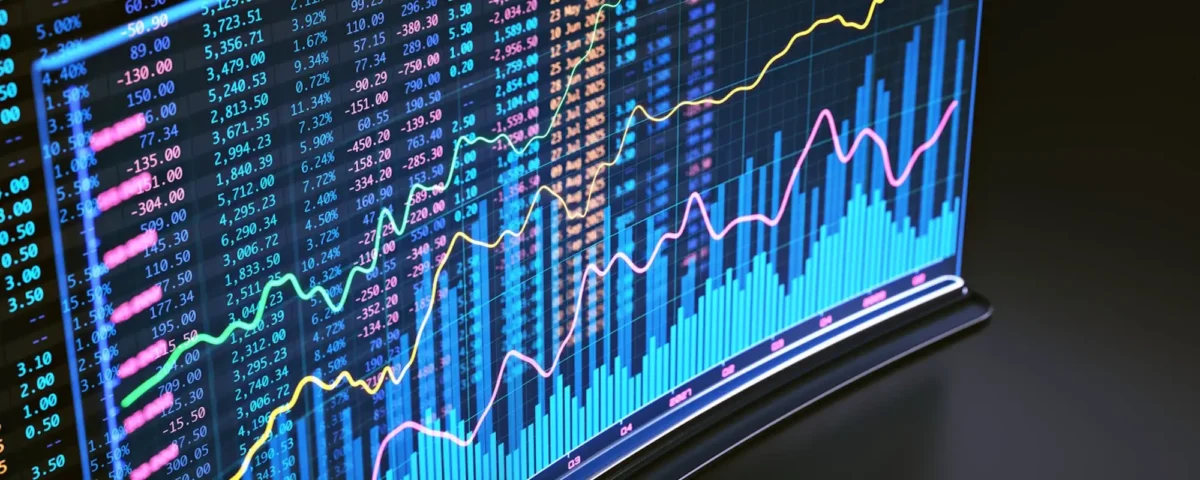 Futuristic display screen with a bar graph and colorful spreadsheet financial data